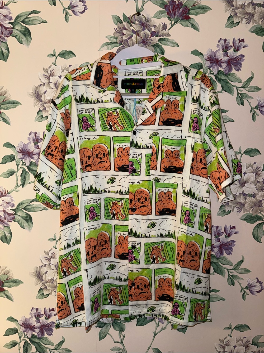 Teddy Fresh Short Sleeve Comic-Panel Shirt in White, Green, Brown